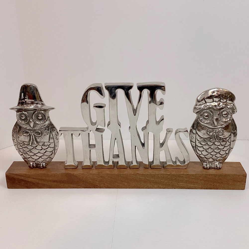 Decorative Owl Design Silver Metal On Wooden Base Table Mantel  Thanksgiving